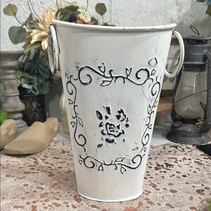 Vintage White Floral Metal Vase